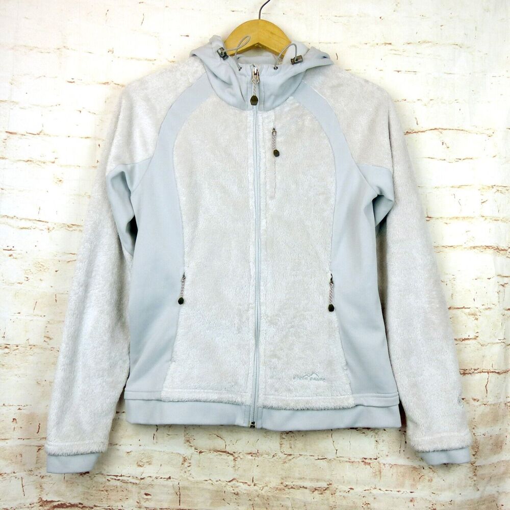 Eddie Bauer 365 Plush Jacket Womens White Blue M Fleece Wind Cutter Zip Hooded